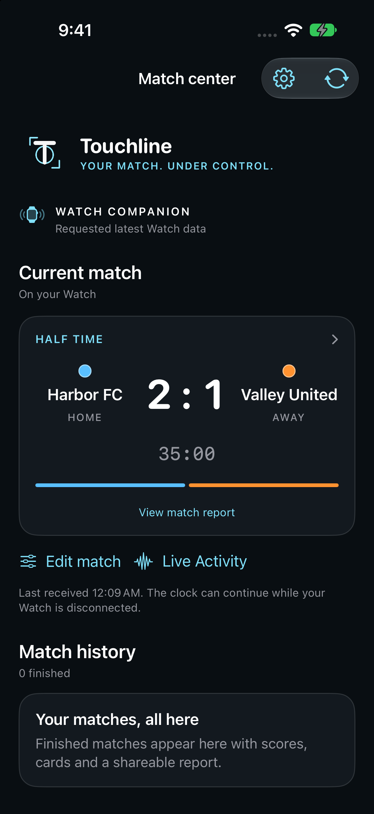 Touchline iPhone match center showing a half-time score of Harbor FC 2–1 Valley United at 35 minutes, with Edit match and Live Activity controls.